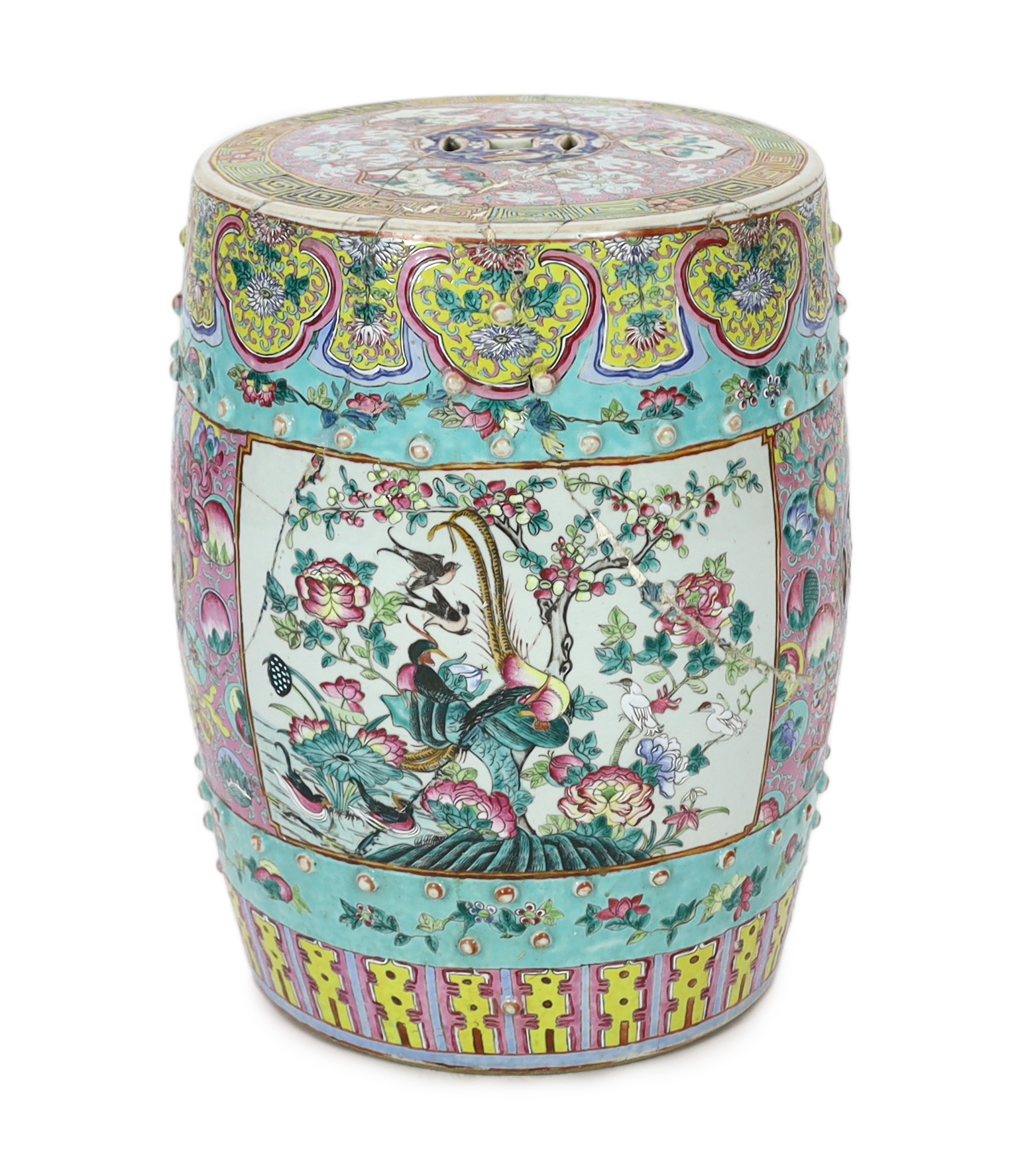 A 19th century Chinese Canton decorated famille rose garden seat (restored), 46cm high